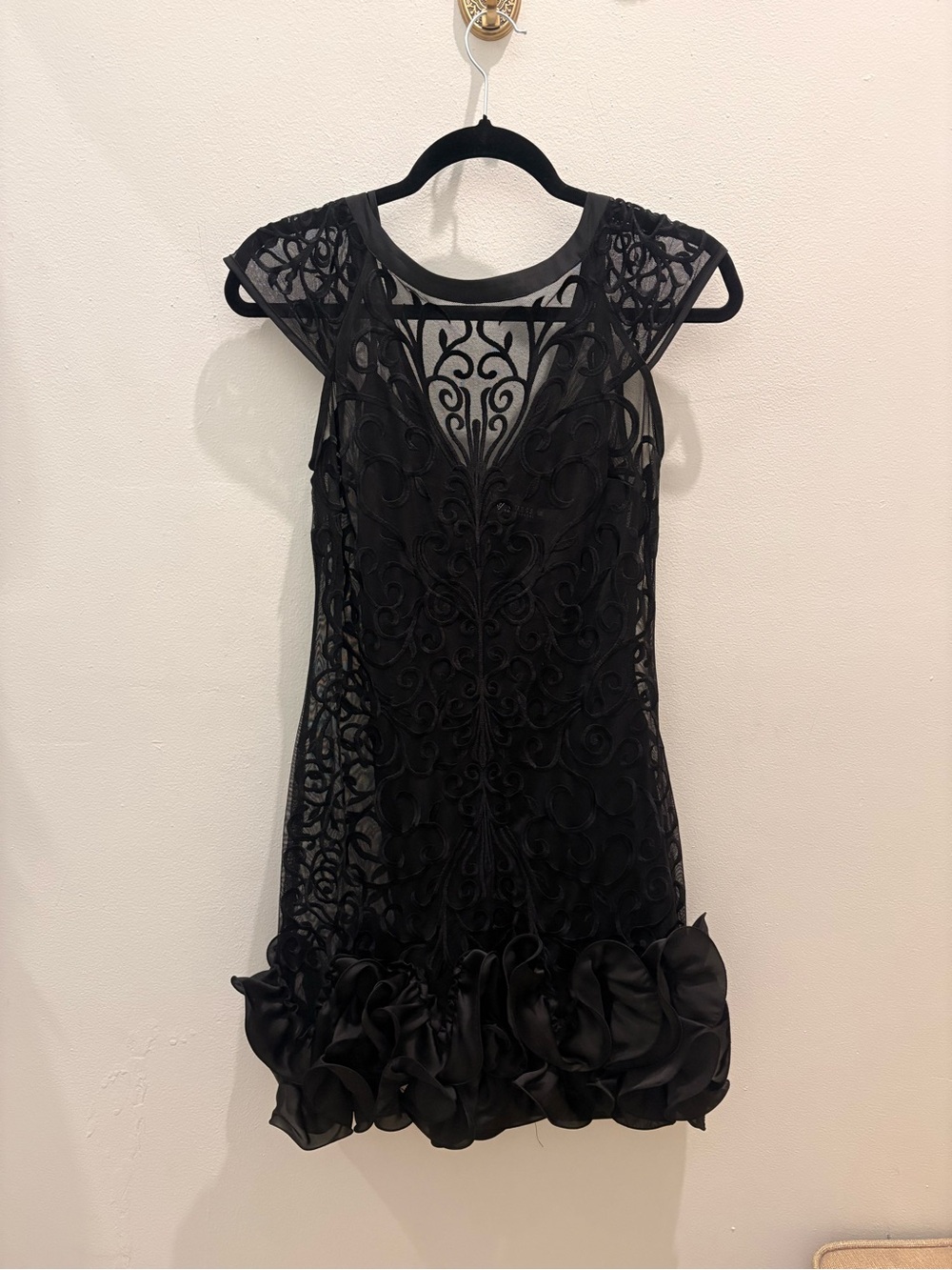 GUESS Black Lace Mini Dress with Ruffle Hem